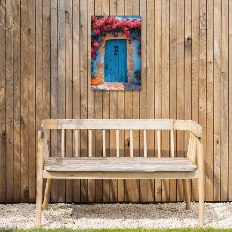Deur - Hout - Bloemen - Blauw Tuinposter op houten frame 2 cm dik klein -sfeer4