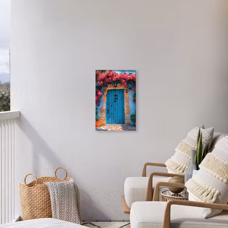 Deur - Hout - Bloemen - Blauw Tuinposter op houten frame 2 cm dik klein -sfeer1