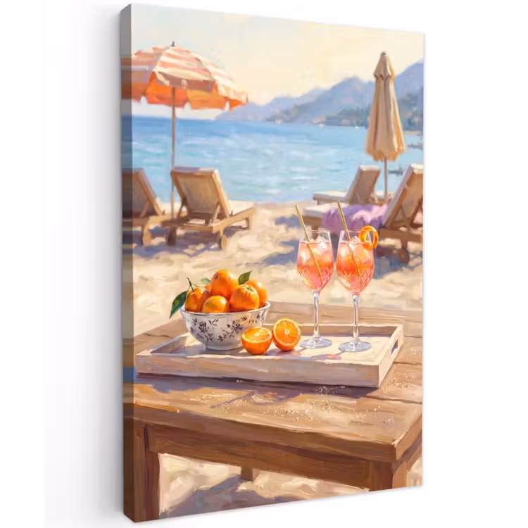 Drank - Glazen - Strand - Zomer - Oranje Tuinposter op houten frame 2 cm dik klein -3d