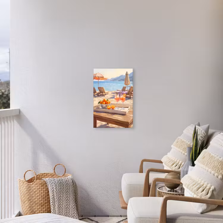 Drank - Glazen - Strand - Zomer - Oranje Tuinposter op houten frame 2 cm dik klein -sfeer1