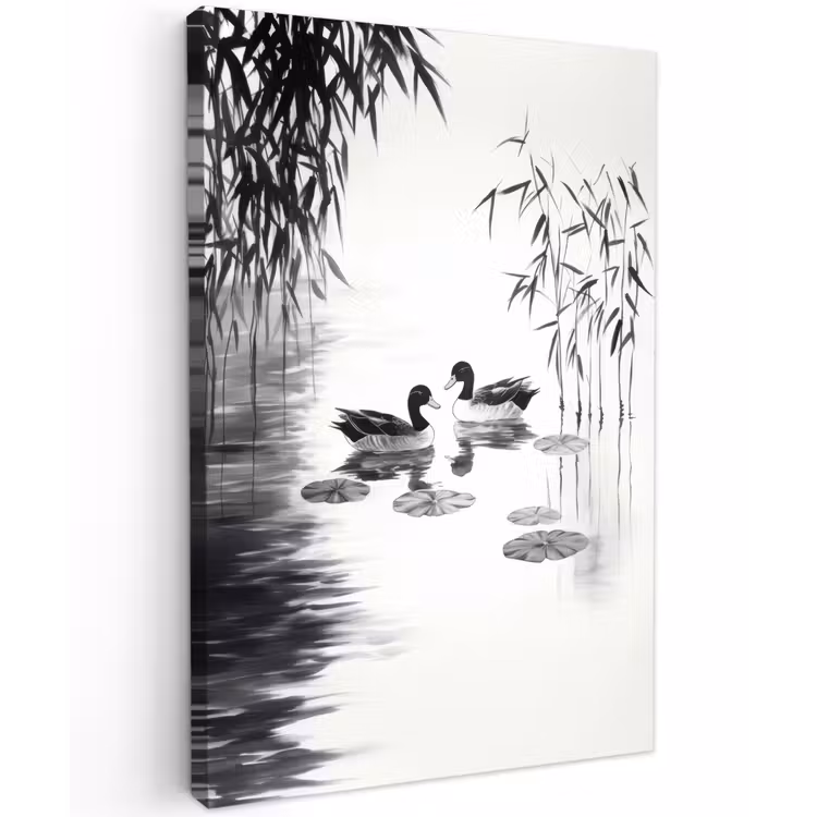 Eenden - Waterlelies - Riet - Zwart Tuinposter op houten frame 2 cm dik klein -3d