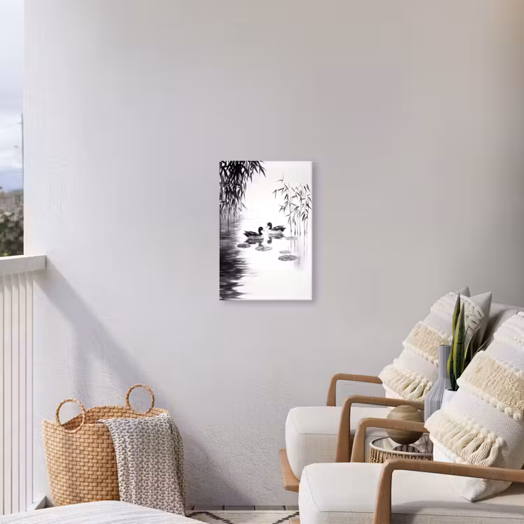 Eenden - Waterlelies - Riet - Zwart Tuinposter op houten frame 2 cm dik klein -sfeer1