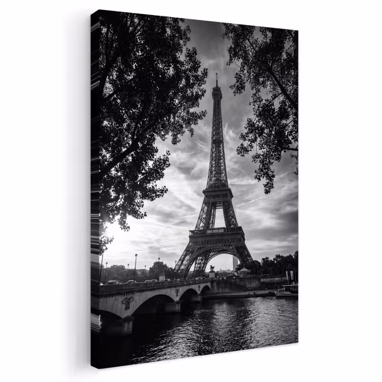Eiffeltoren - Parijs - Rivier - Architectuur - Zwart-wit Tuinposter op houten frame 2 cm dik klein -3d