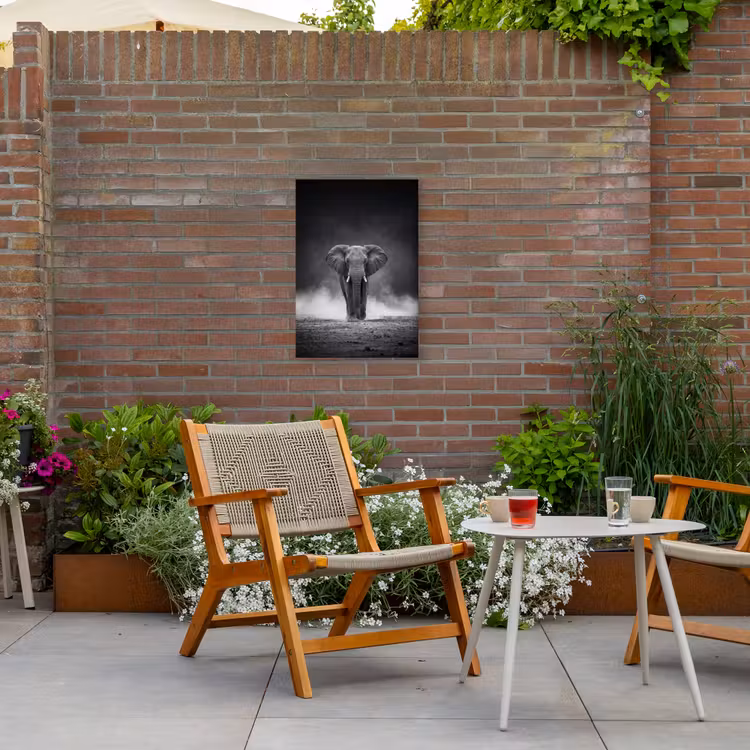 Olifant - Zwart - Wit - Rook Tuinposter op houten frame 2 cm dik klein -sfeer3
