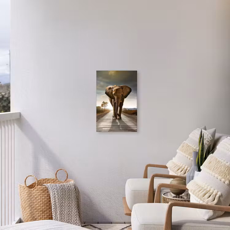 Olifant - Weg - Dieren - Zonsondergang - Landschap Tuinposter op houten frame 2 cm dik klein -sfeer1