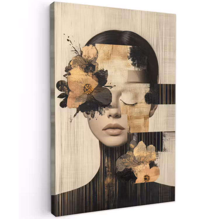 Gezicht - Bloemen - Zwart - Vrouw Tuinposter op houten frame 2 cm dik klein -3d