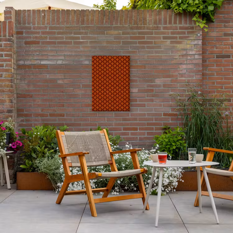 Waaiers - Art Deco - Botanisch - Roestbruin - Oranje Tuinposter op houten frame 2 cm dik klein 841 -sfeer3