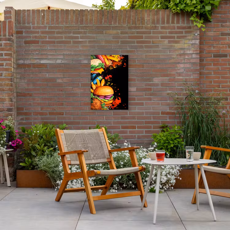 Fastfood - Graffiti - Hamburger - Eten - Modern Tuinposter op houten frame 2 cm dik klein -sfeer3