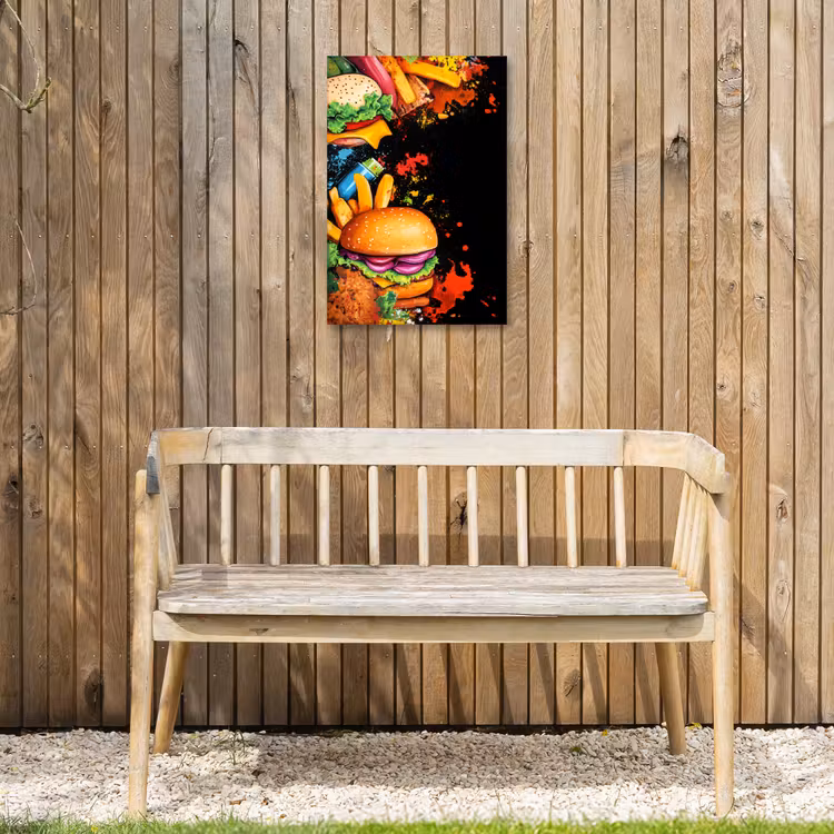 Fastfood - Graffiti - Hamburger - Eten - Modern Tuinposter op houten frame 2 cm dik klein -sfeer4