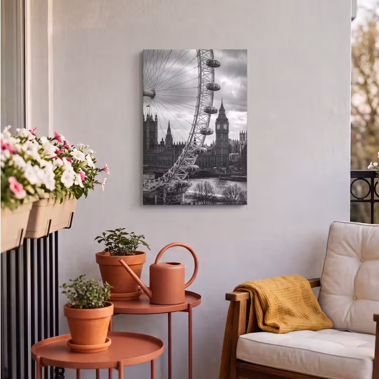 Reuzenrad - Klokkentoren - Architectuur - Zwart-wit - Stad Tuinposter op houten frame 2 cm dik klein -sfeer1