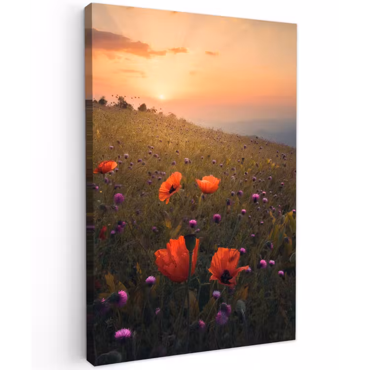 Bloemenveld - Gras - Bloemen - Planten - Zonsondergang - Oranje Tuinposter op houten frame 2 cm dik klein -3d
