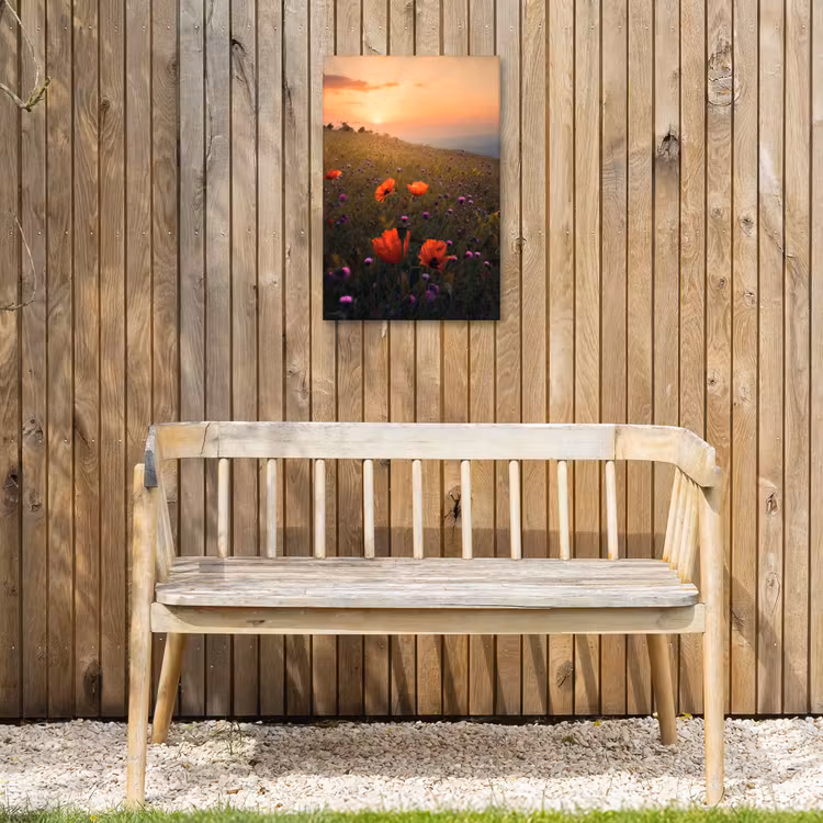 Bloemenveld - Gras - Bloemen - Planten - Zonsondergang - Oranje Tuinposter op houten frame 2 cm dik klein -sfeer4