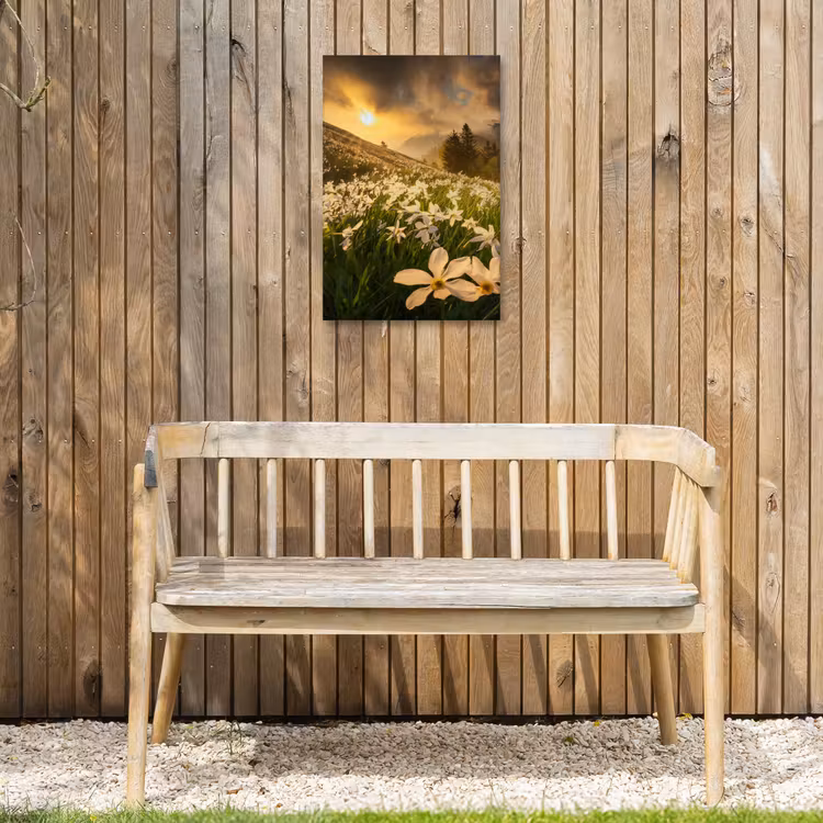 Bloemenveld - Heuvels - Zonsondergang - Berg - Natuur - Wit - Heuvels Tuinposter op houten frame 2 cm dik klein -sfeer4