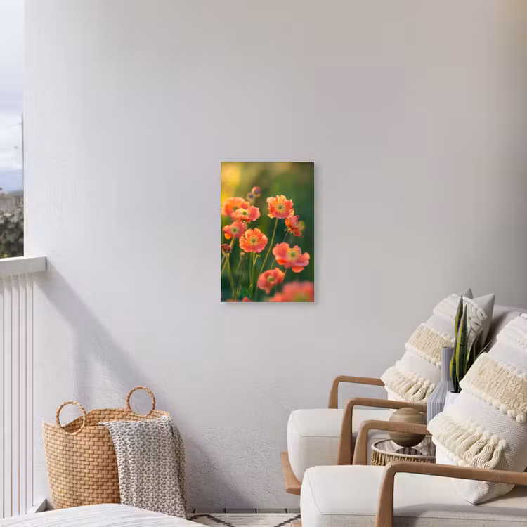 Bloemenveld - Zonnestralen - Oranje Tuinposter op houten frame 2 cm dik klein -sfeer1
