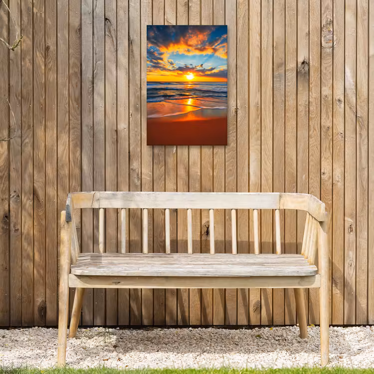 Vurige Zonsopgang aan Zee Tuinposter op houten frame 2 cm dik klein -sfeer4