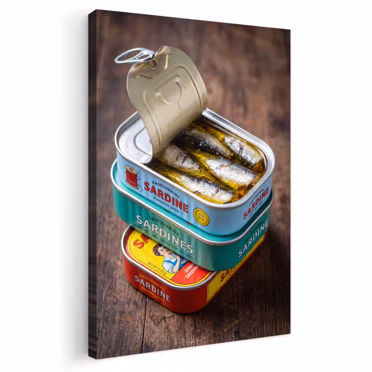 Outdoor Canvas Print - Fish - Cans - Kitchen - Vis - Blikjes - Keuken Tuinposter op houten frame 2 cm dik klein