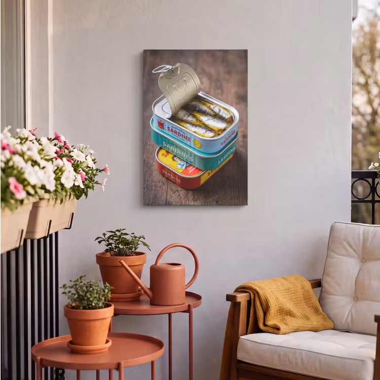 Outdoor Canvas Print - Fish - Cans - Kitchen - Vis - Blikjes - Keuken Tuinposter op houten frame 2 cm dik klein