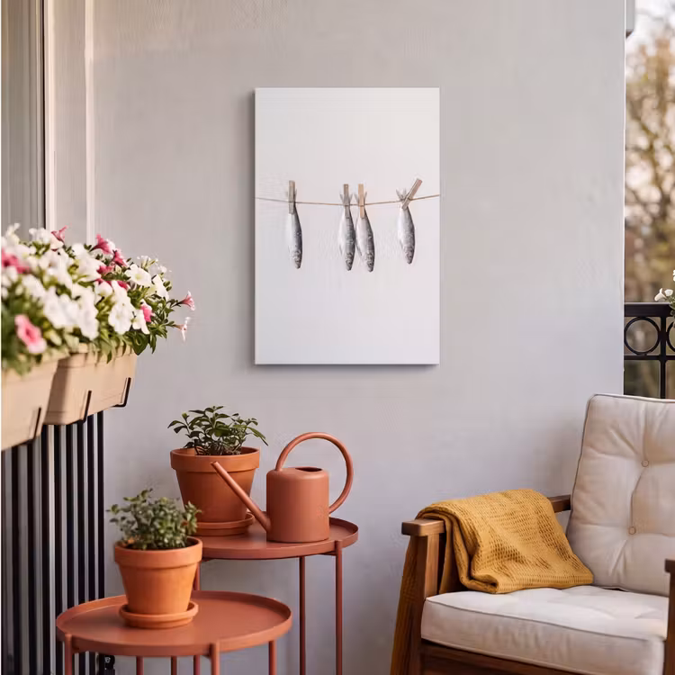 Outdoor Canvas Print - Fish - Hanging - Food - Vis - Hangend - Eten Tuinposter op houten frame 2 cm dik klein