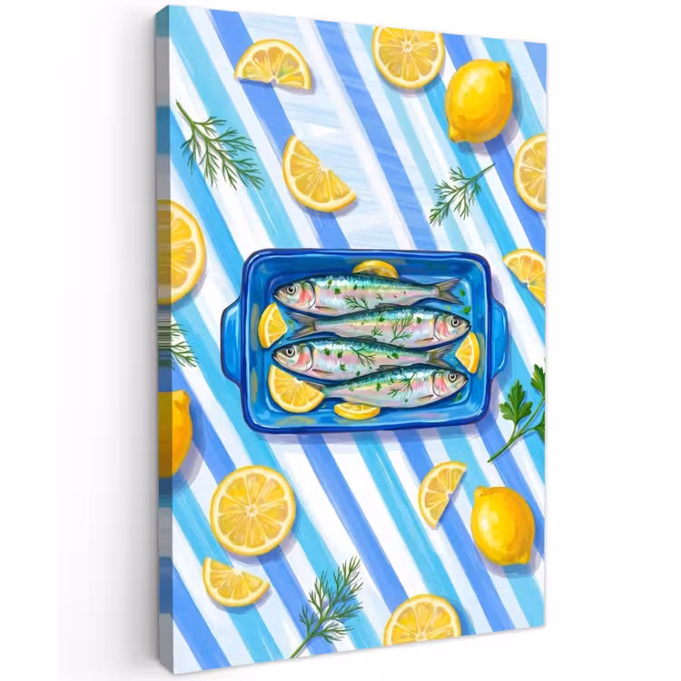 Vis - Citroen - Kruiden - Eten - Blauw Tuinposter op houten frame 2 cm dik klein -3d