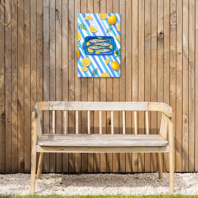 Vis - Citroen - Kruiden - Eten - Blauw Tuinposter op houten frame 2 cm dik klein -sfeer4