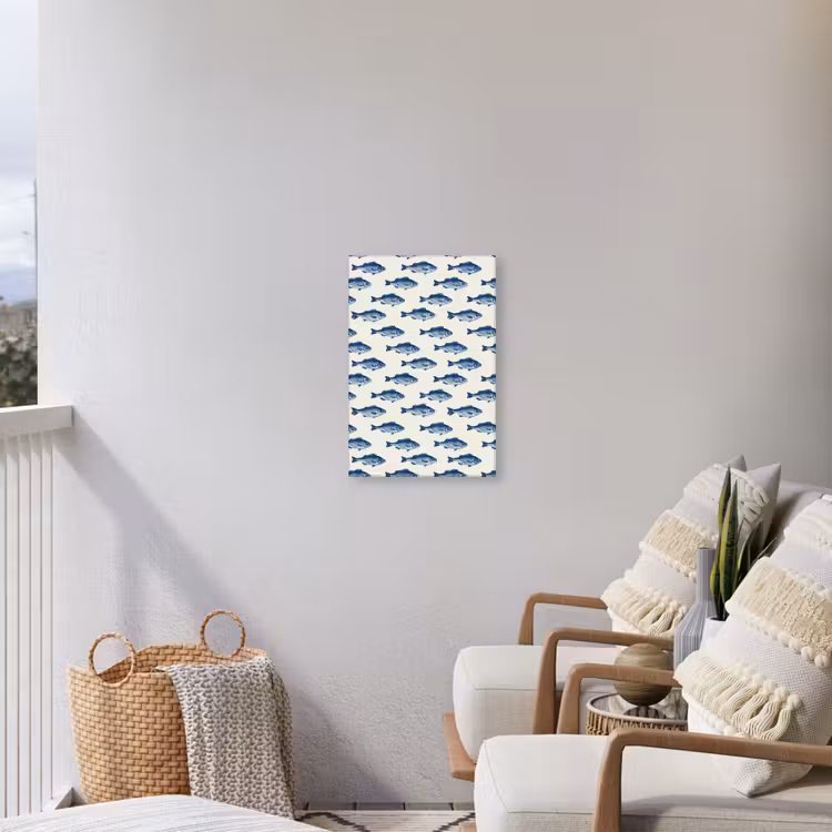 Vis - Patroon - Blauw Tuinposter op houten frame 2 cm dik klein 841 -sfeer1