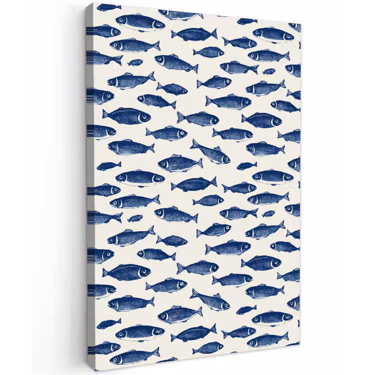 Vissen - Patroon - Blauw - Wit Tuinposter op houten frame 2 cm dik klein 841 -3d