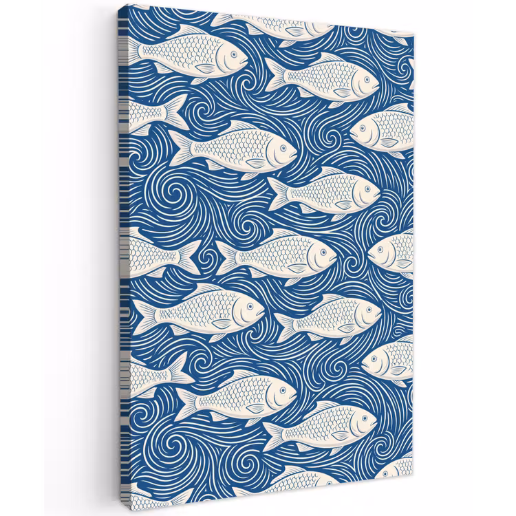 Vis - Water - Patroon - Grafisch - Blauw Tuinposter op houten frame 2 cm dik klein -3d
