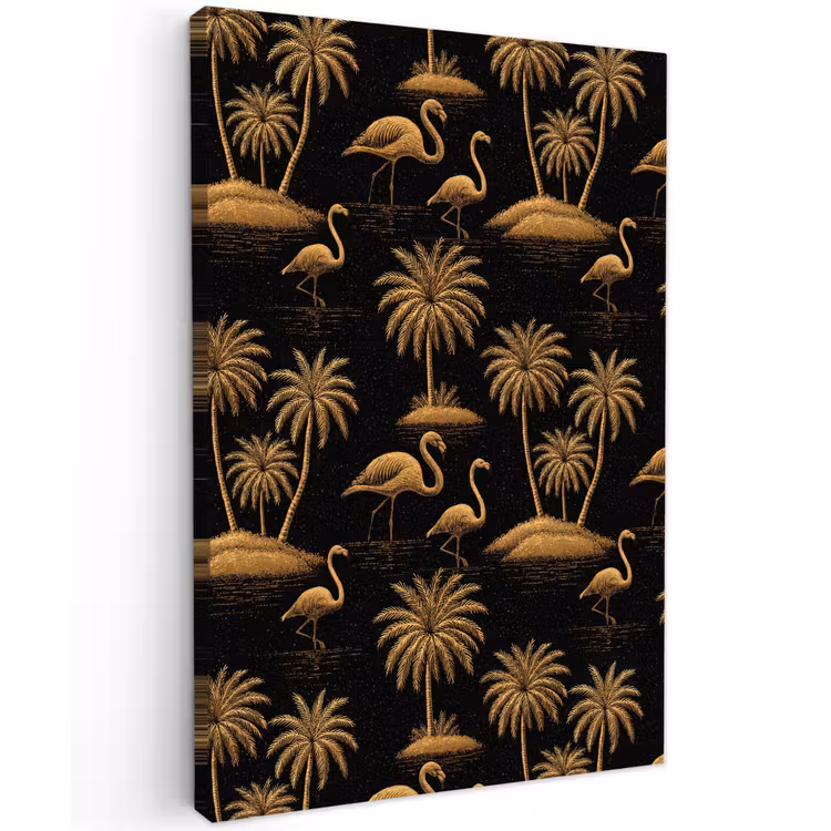 Flamingo - Palmbomen - Tropisch - Goud - Zwart Tuinposter op houten frame 2 cm dik klein 841 -3d