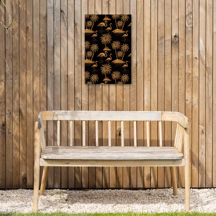 Flamingo - Palmbomen - Tropisch - Goud - Zwart Tuinposter op houten frame 2 cm dik klein 841 -sfeer4