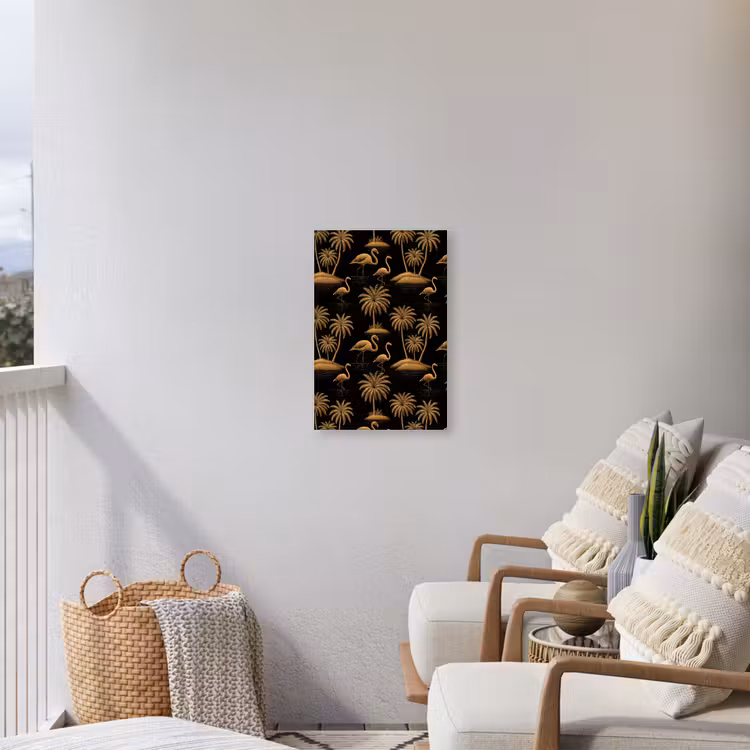 Flamingo - Palmbomen - Tropisch - Goud - Zwart Tuinposter op houten frame 2 cm dik klein 841 -sfeer1