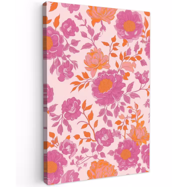 Bloemenpatroon - Roze - Oranje - Bloemen Tuinposter op houten frame 2 cm dik klein -3d