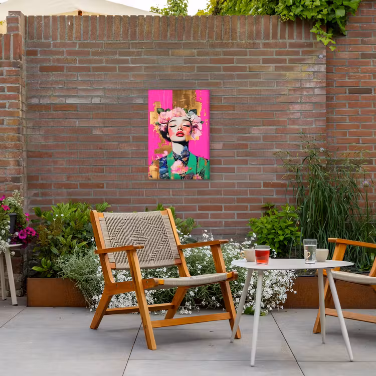 Bloemenkroon - Goud - Vrouw - Portret Tuinposter op houten frame 2 cm dik klein -sfeer3