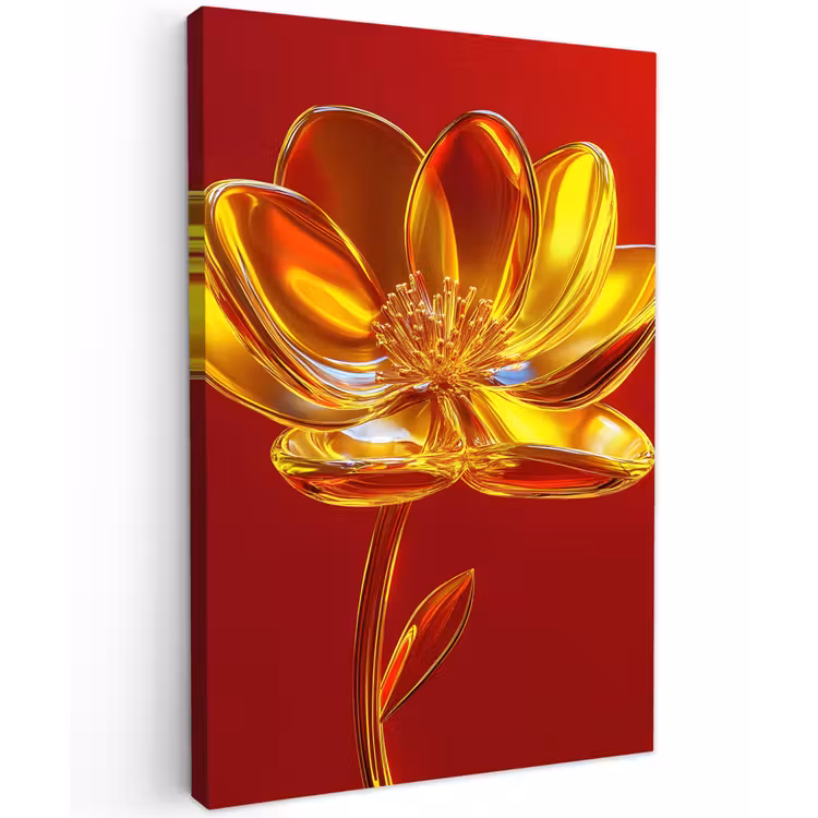Bloem - Goud - Glazen Tuinposter op houten frame 2 cm dik klein -3d
