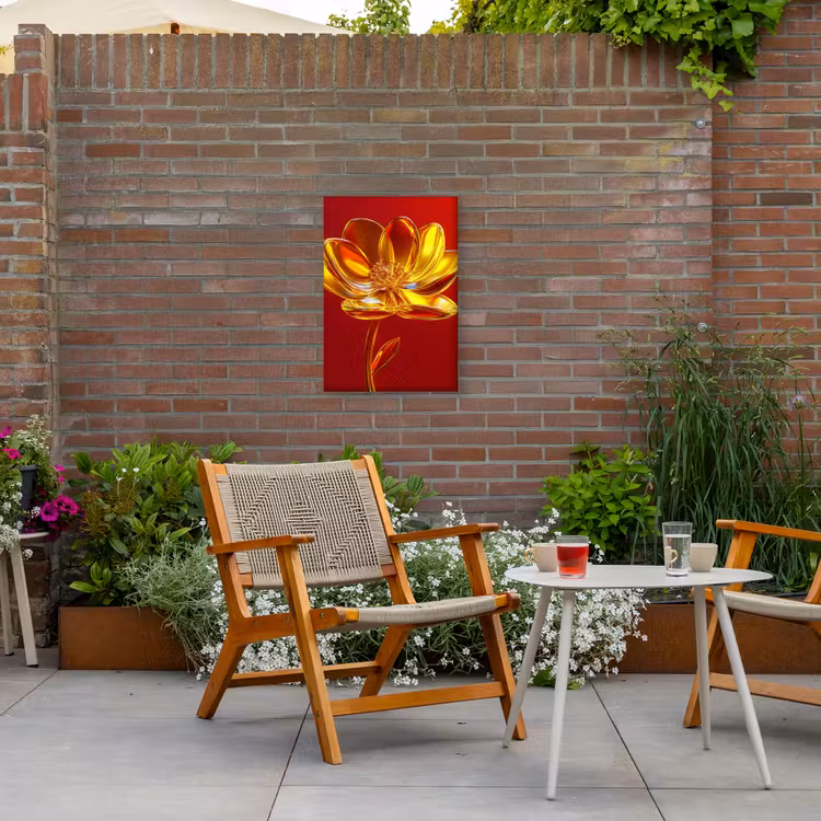 Bloem - Goud - Glazen Tuinposter op houten frame 2 cm dik klein -sfeer3