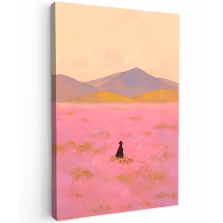 Bloemenweide - Heuvels - Silhouet - Roze Tuinposter op houten frame 2 cm dik klein -3d