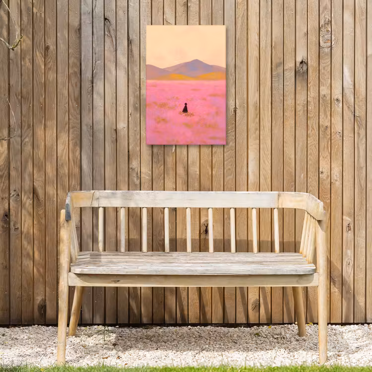 Bloemenweide - Heuvels - Silhouet - Roze Tuinposter op houten frame 2 cm dik klein -sfeer4