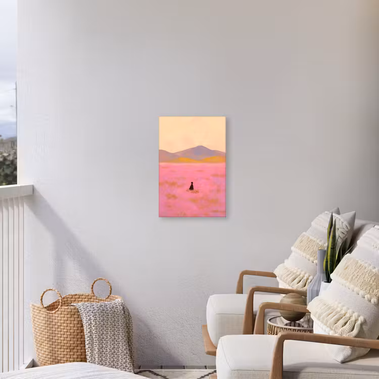 Bloemenweide - Heuvels - Silhouet - Roze Tuinposter op houten frame 2 cm dik klein -sfeer1