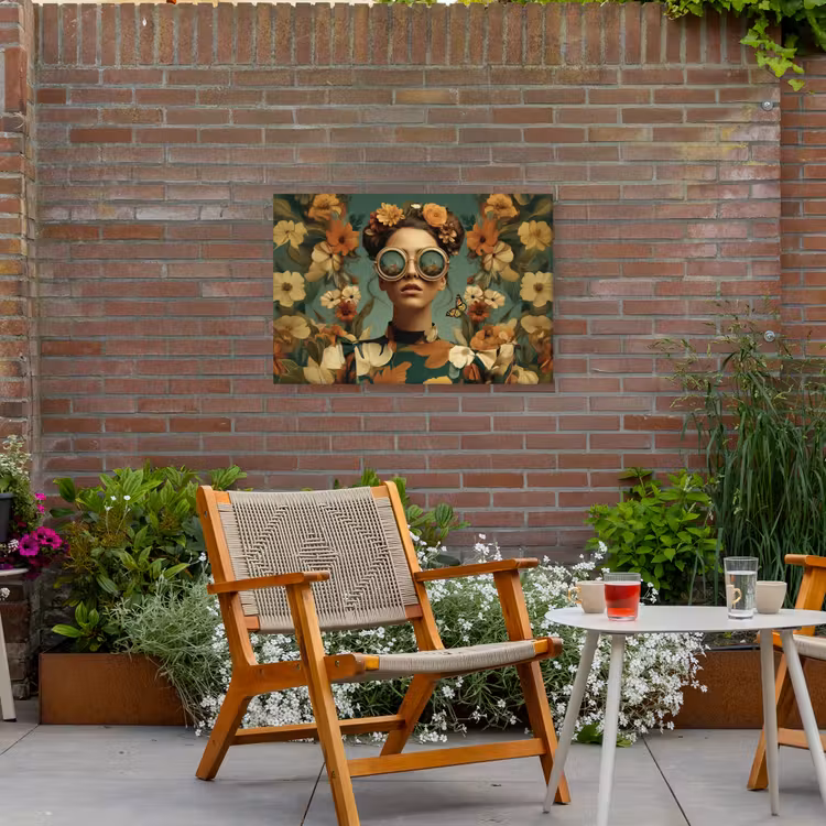 Bloemenkrans - Vrouwengezicht - Zonnebril - Oranje Tuinposter op houten frame 2 cm dik middel -sfeer3