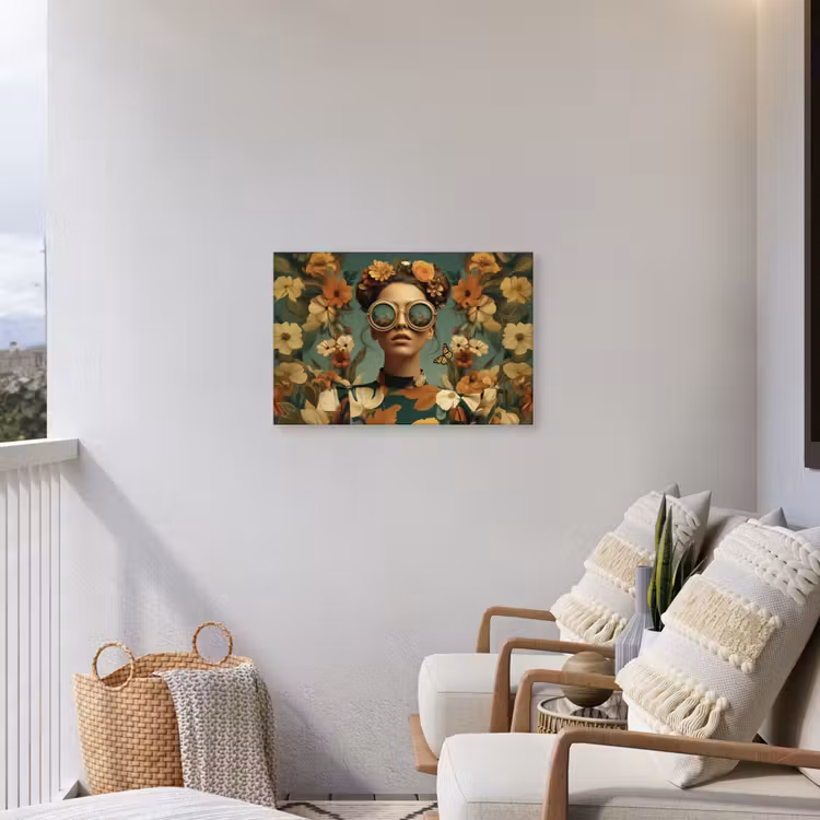 Bloemenkrans - Vrouwengezicht - Zonnebril - Oranje Tuinposter op houten frame 2 cm dik middel -sfeer1