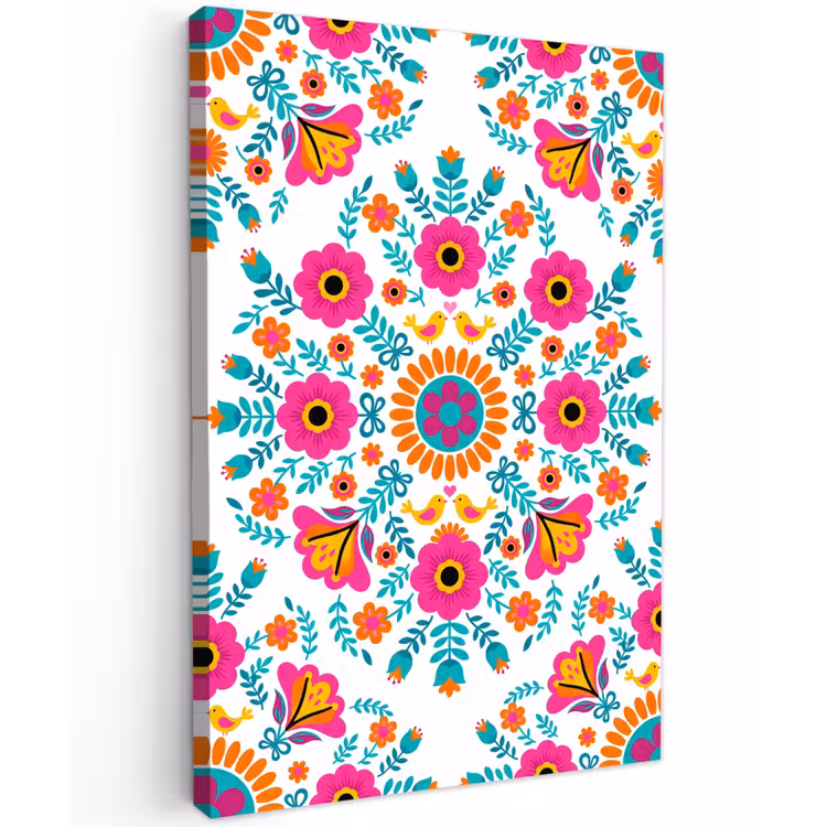 Bloemen - Vogel - Patroon - Kleurrijk - Modern Tuinposter op houten frame 2 cm dik klein -3d