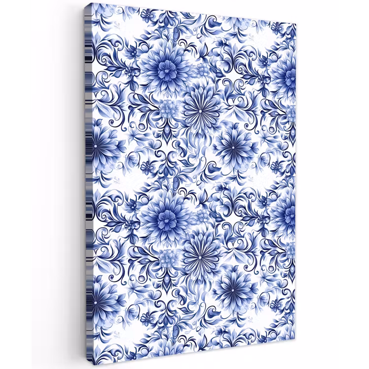 Bloemen - Blauw - Patroon - Wit Tuinposter op houten frame 2 cm dik klein 841 -3d