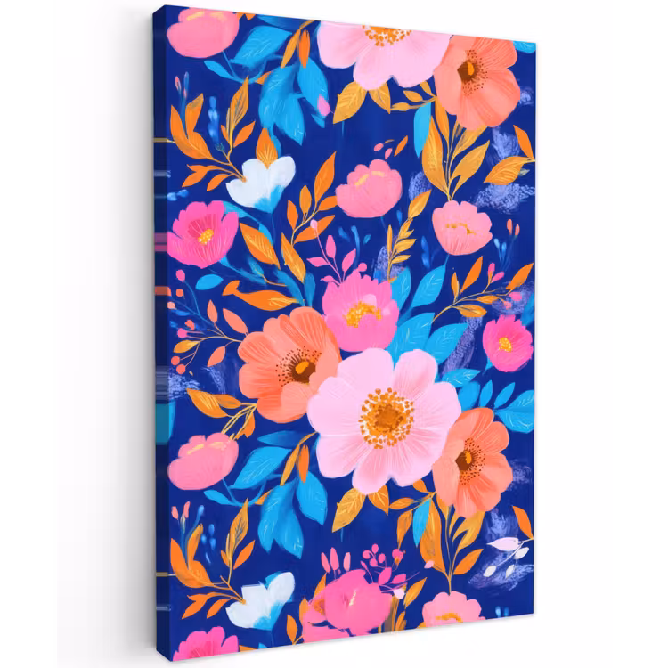 Bloemen - Blauw - Roze Tuinposter op houten frame 2 cm dik klein -3d