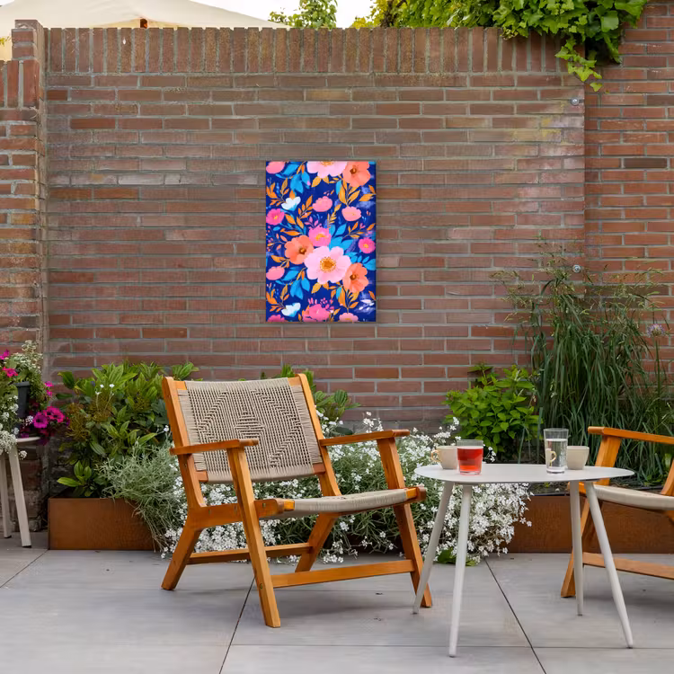 Bloemen - Blauw - Roze Tuinposter op houten frame 2 cm dik klein -sfeer3