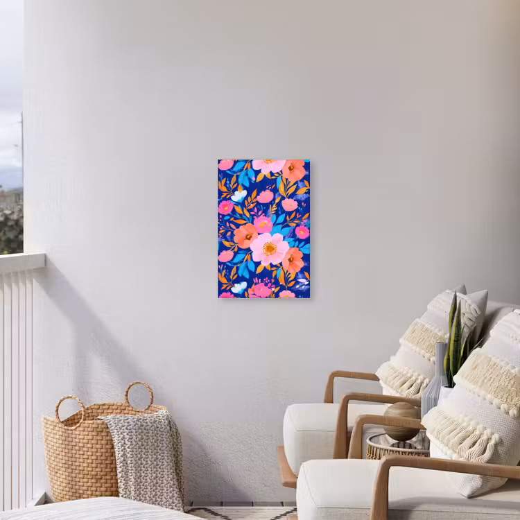 Bloemen - Blauw - Roze Tuinposter op houten frame 2 cm dik klein -sfeer1