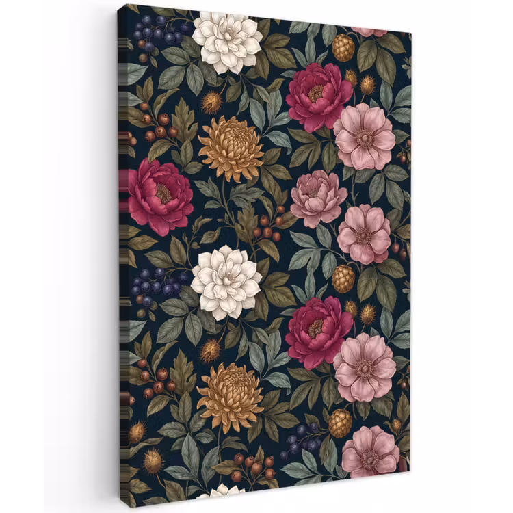 Bloemen - Botanisch - Illustratie - Donker - Vintage Tuinposter op houten frame 2 cm dik klein -3d