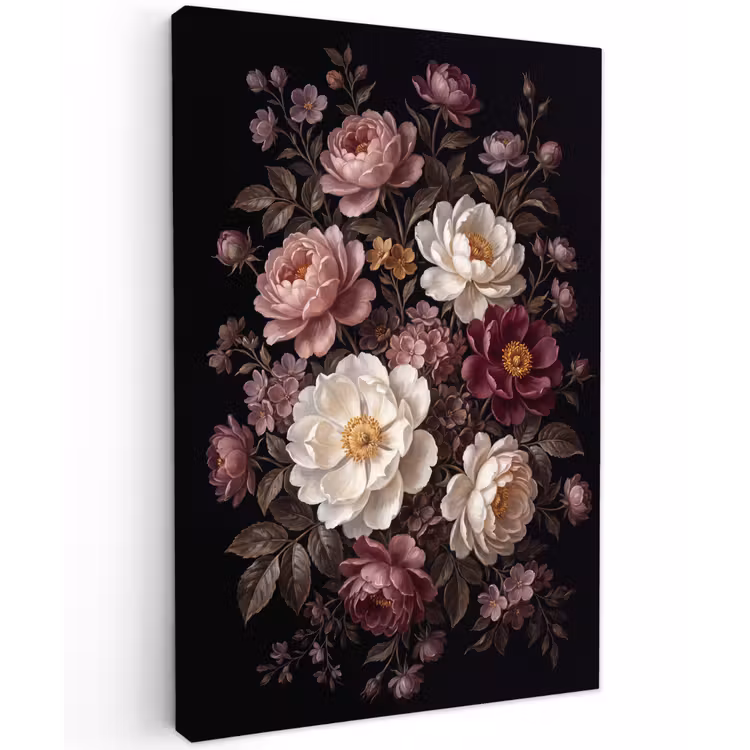 Bloemen - Boeket - Klassiek - Donker - Rood Tuinposter op houten frame 2 cm dik klein -3d