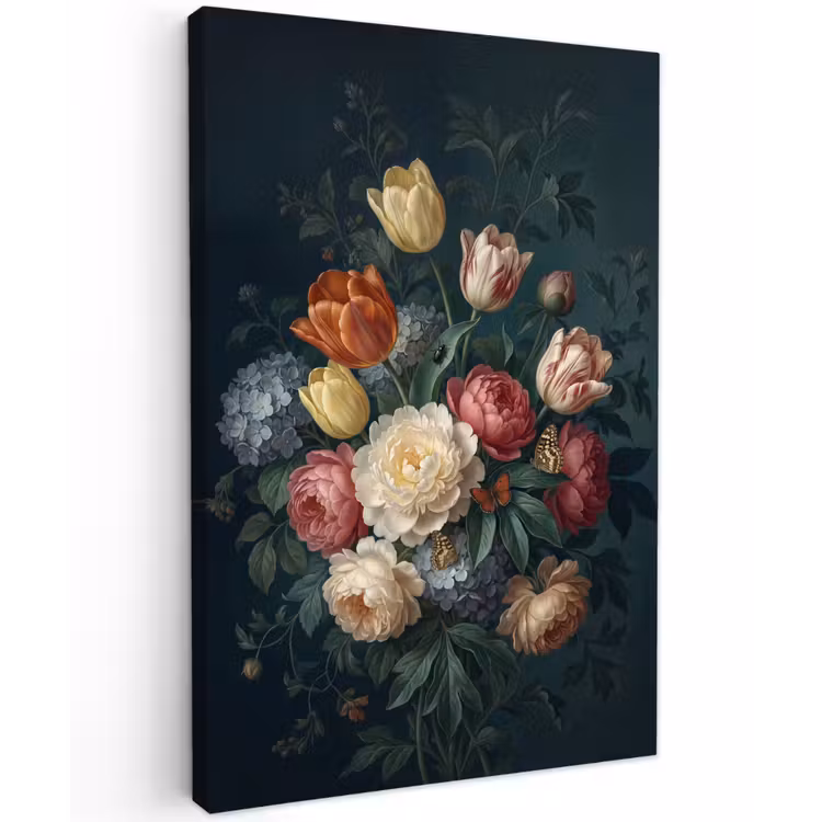 Bloemen - Boeket - Natuur - Klassiek - Donker Tuinposter op houten frame 2 cm dik klein -3d