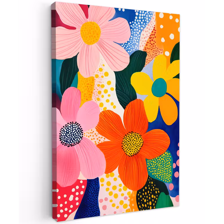Bloemen - Kleurrijk - Stippen Tuinposter op houten frame 2 cm dik klein -3d
