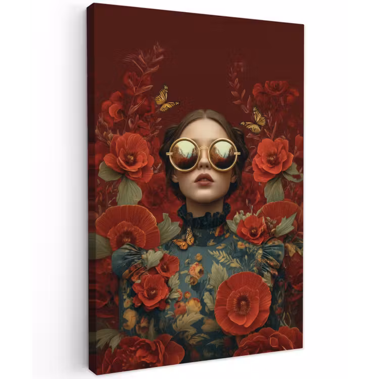 Bloemen - Dieprood - Zonnebril - Vrouw Tuinposter op houten frame 2 cm dik klein -3d