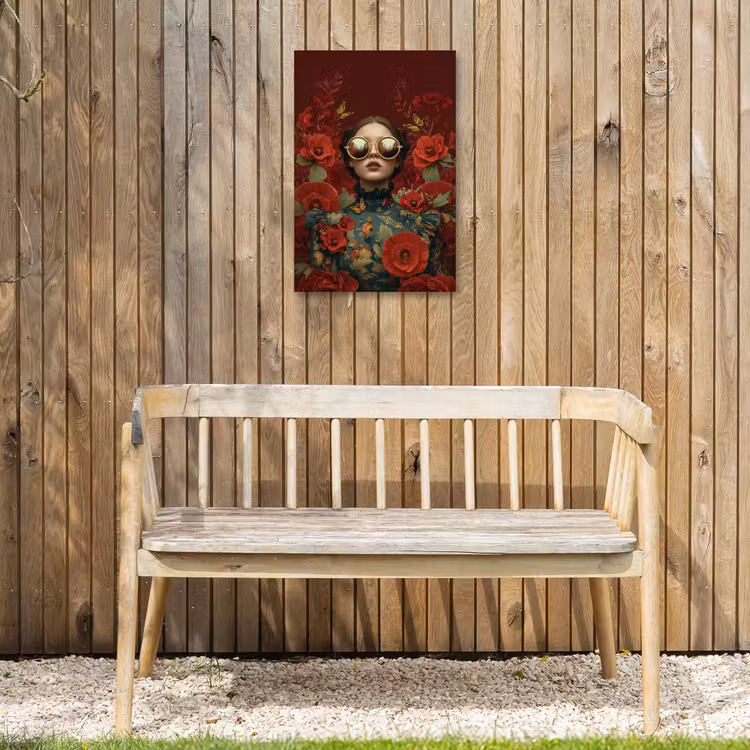 Bloemen - Dieprood - Zonnebril - Vrouw Tuinposter op houten frame 2 cm dik klein -sfeer4